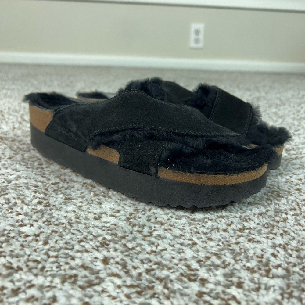 Papillio Sandals Womens Size 6 37 Black Casual Platform Shearling Suede Shoes
